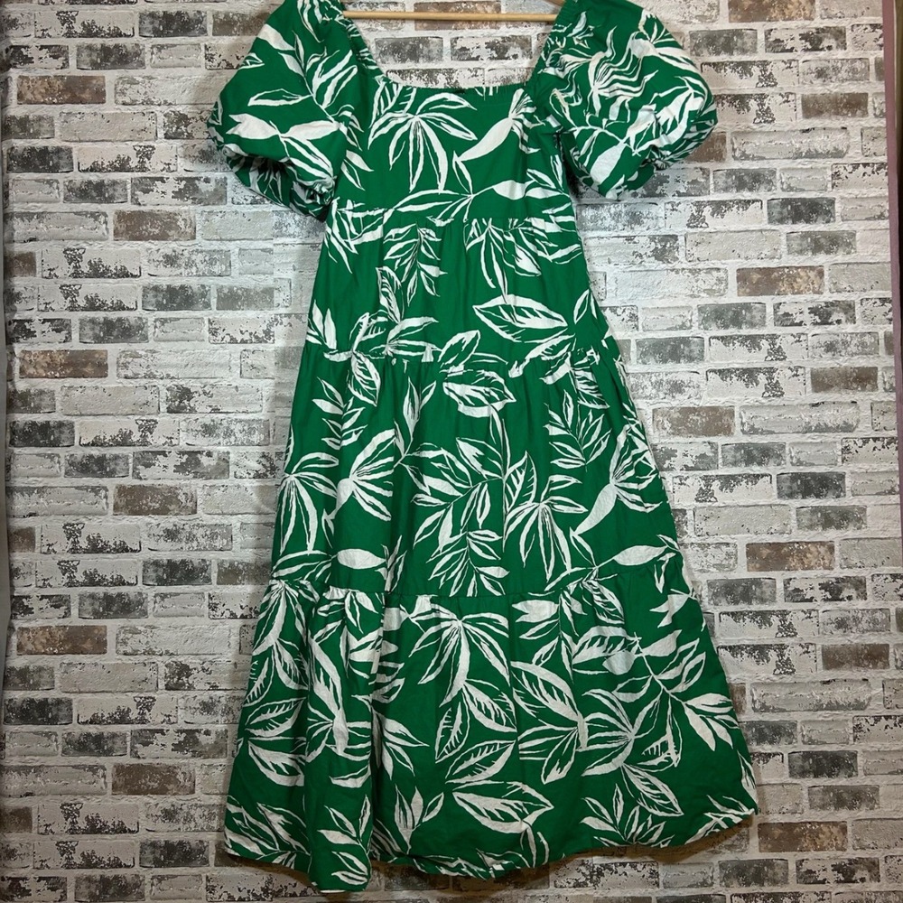 Meadow Rhodes Green White Tropical Leaf Cotton Tiered Puff Sleeve Midi‎ Dress M